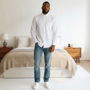 Mens White Button Down Long Sleeve Dress Shirt 2XL Oxford Cloth